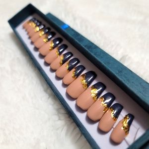 Navy blue and Tan with Gold Foil Press On Nails